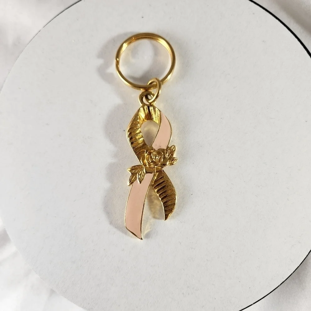 Vintage Avon Breast Cancer Key Chain Light Pink and Gold Ribbon with Gold Rose